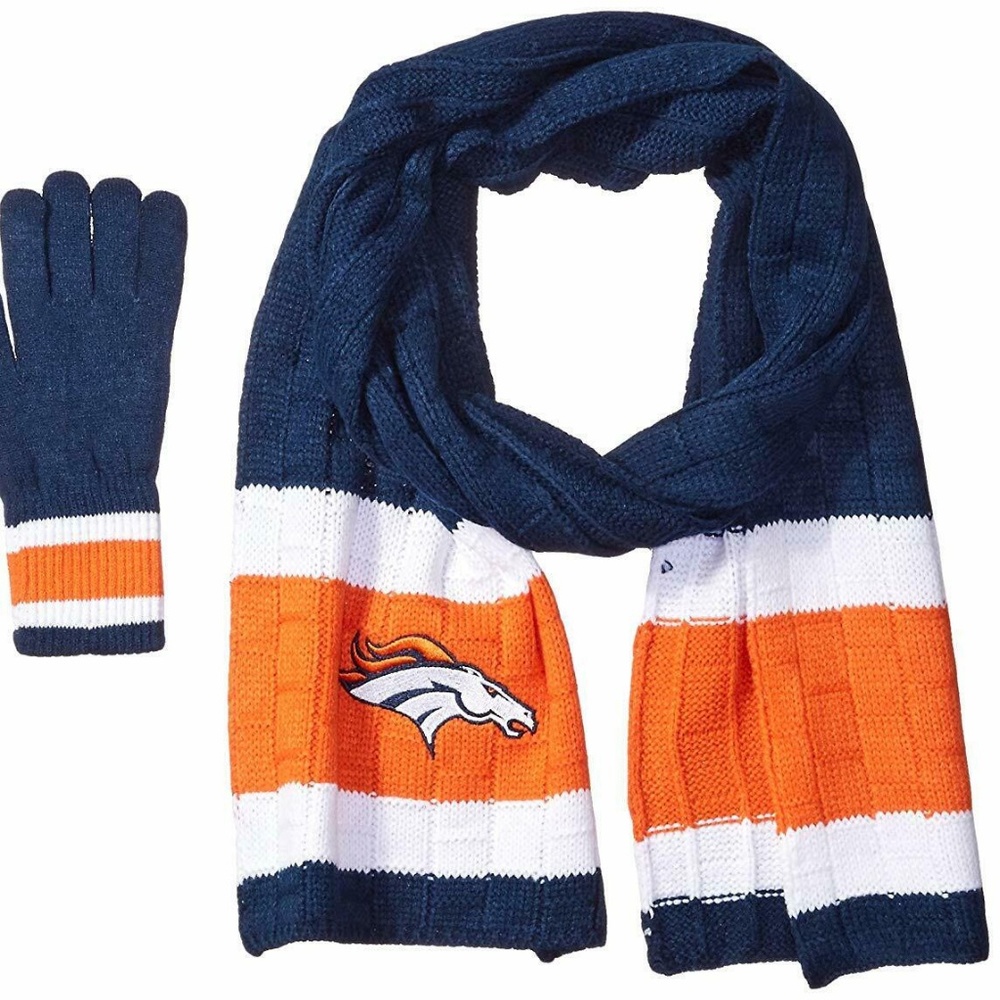 NFL Bundle 3 pcs Denver BRONCOS Knit Scarf & Gloves Set + Lanyard Key Holder NEW - Picture 2 of 7